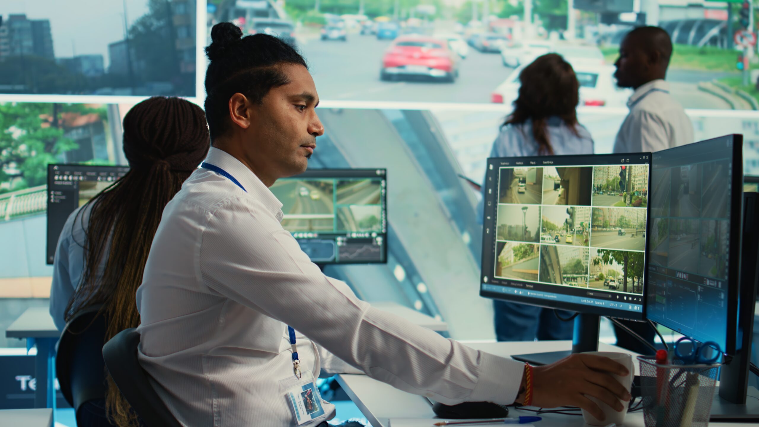 Indian worker operating on license plate registration via CCTV radar footage, working with video surveillance system in real time. Government employee monitoring traffic. Camera B.